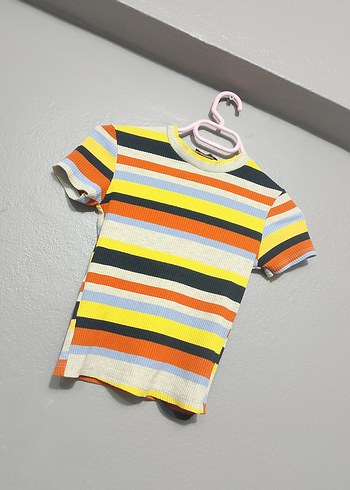 Kız Çocuk Çizgili Kısa Kollu Triko Tişört - Görsel 2