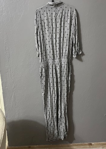 Düğmeli Gri Kadın Keten Tulum - Görsel 4