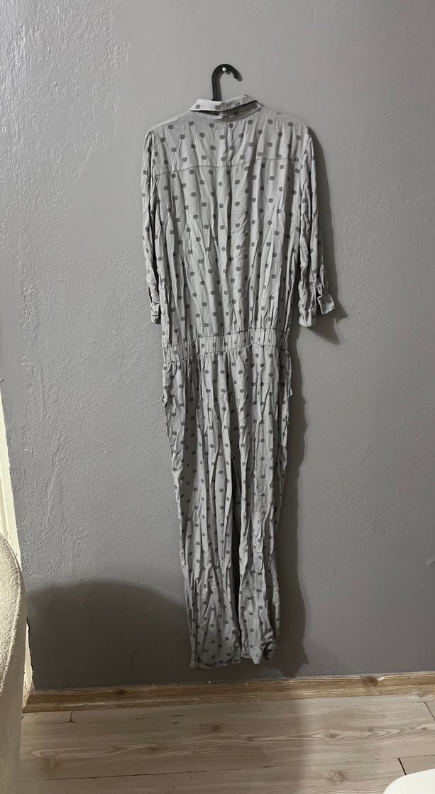 Düğmeli Gri Kadın Keten Tulum - Görsel 4