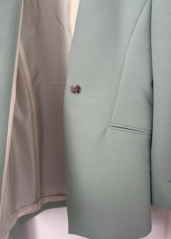 Kadın su yeşili Kemerli Midi Blazer ve pantolon - Görsel 3