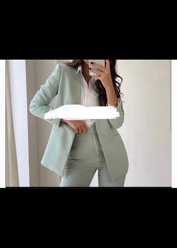 Kadın su yeşili Kemerli Midi Blazer ve pantolon - Görsel 2