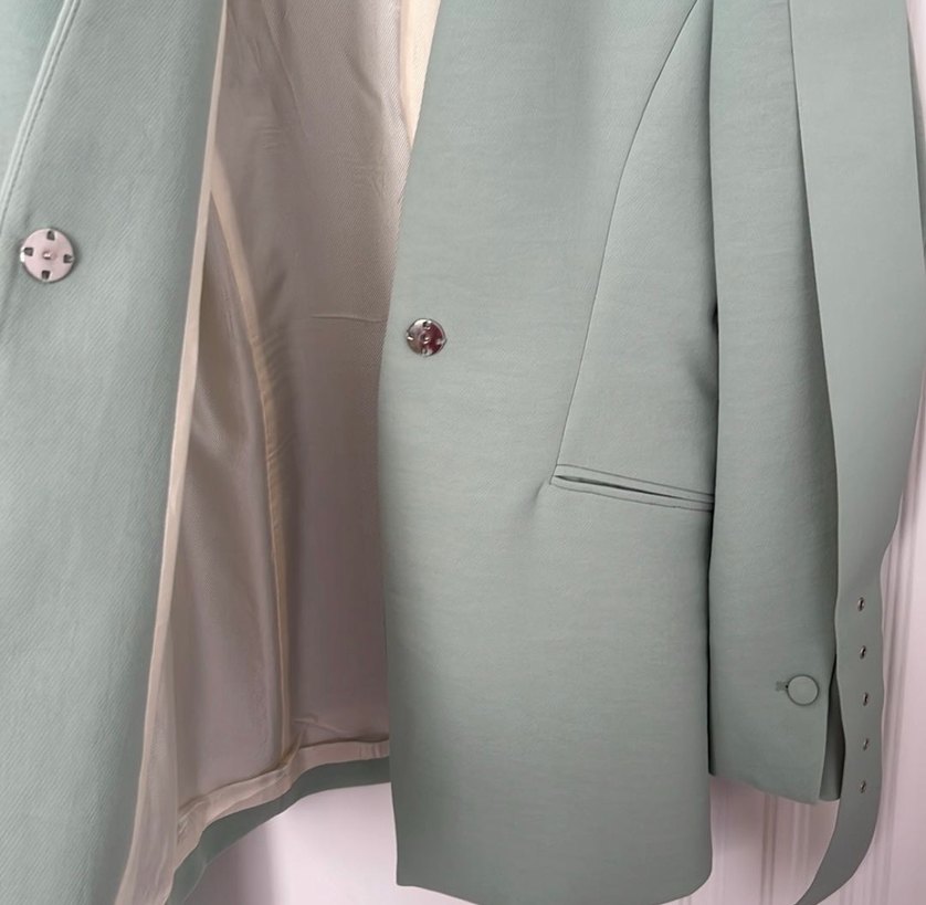 Kadın su yeşili Kemerli Midi Blazer ve pantolon - Görsel 3