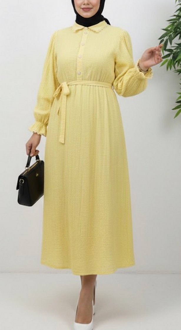 Sarı Uzun Kollu Minimalist Elbise - Görsel 2