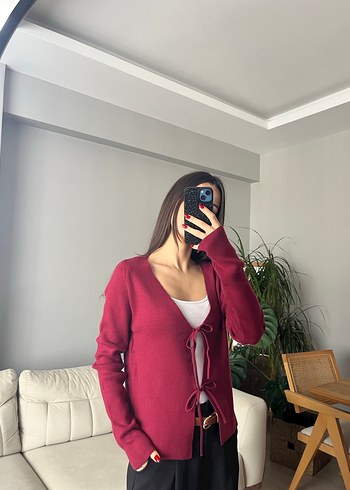 Bordo V Yaka İnce Triko Hırka - Görsel 2