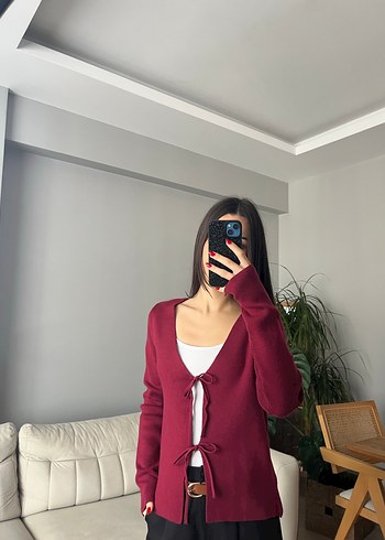 Bordo V Yaka İnce Triko Hırka - Görsel 3