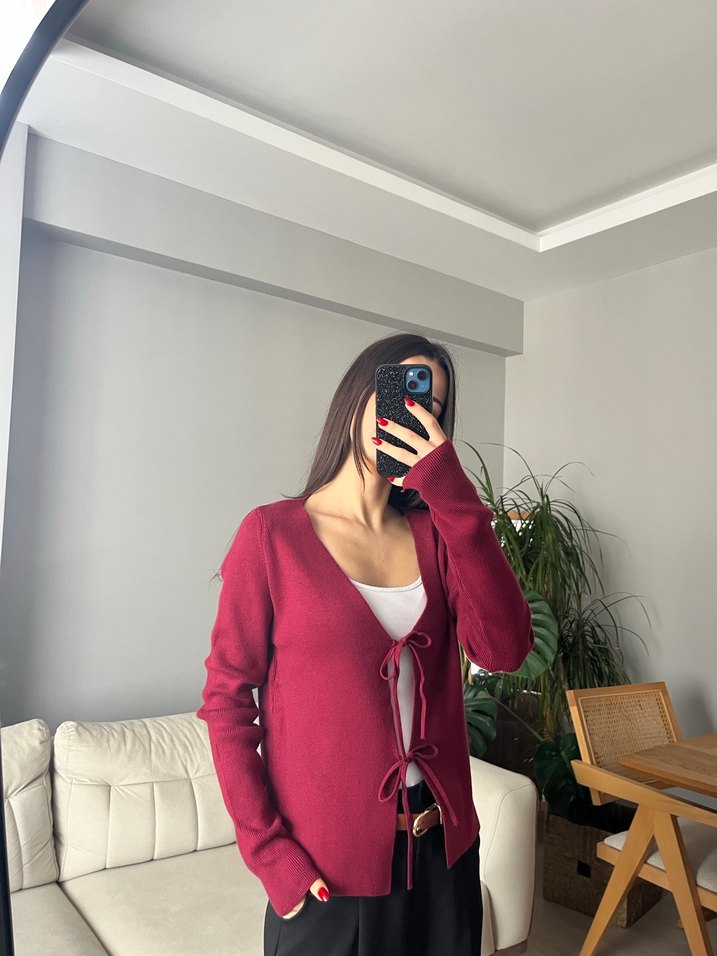 Bordo V Yaka İnce Triko Hırka - Görsel 2