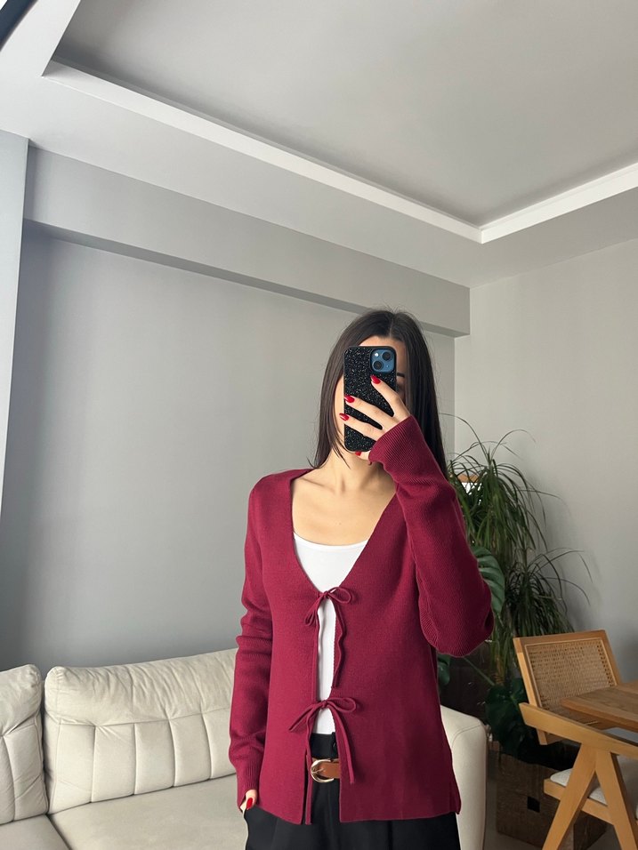 Bordo V Yaka İnce Triko Hırka - Görsel 3