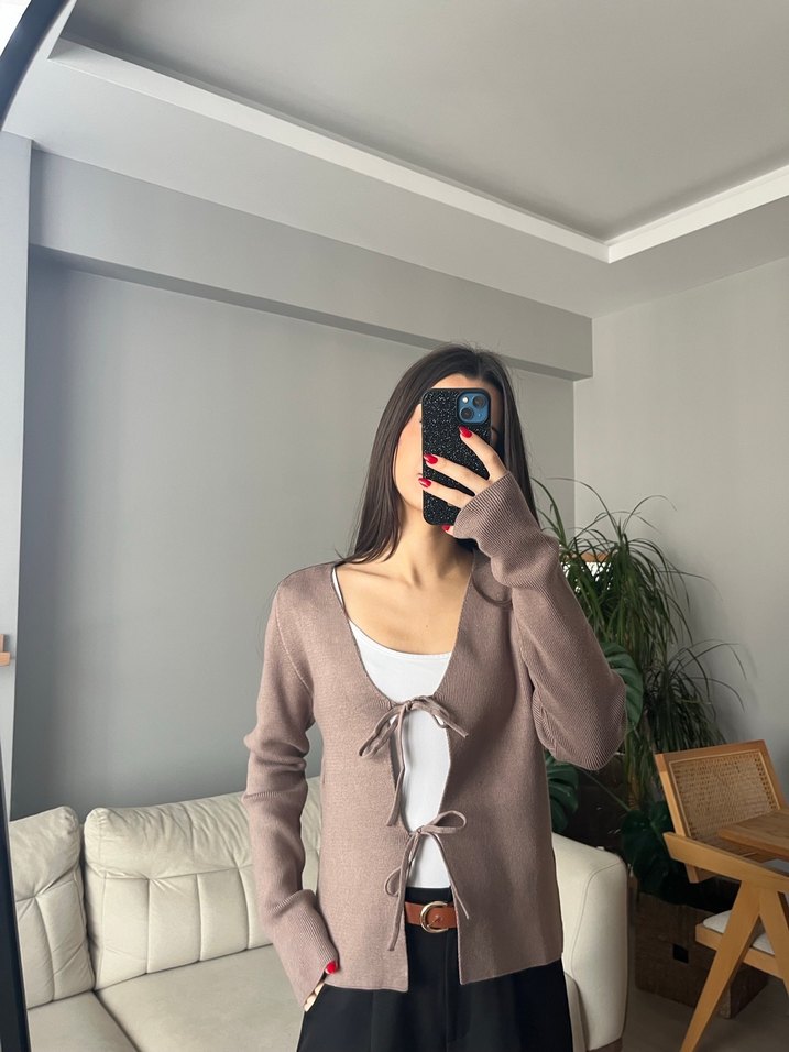 V Yaka Bej Örme Salaş Kazak - Görsel 2