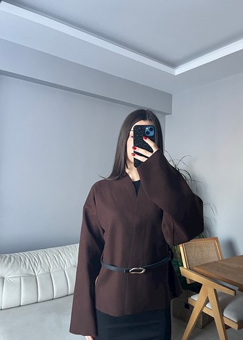 Kahverengi Kemerli Kısa Kadın panço - Görsel 4