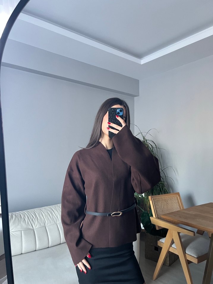 Kahverengi Kemerli Kısa Kadın panço - Görsel 2