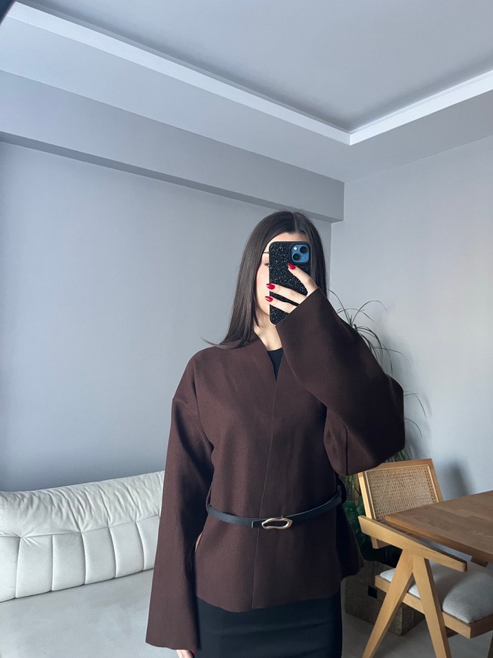 Kahverengi Kemerli Kısa Kadın panço - Görsel 4