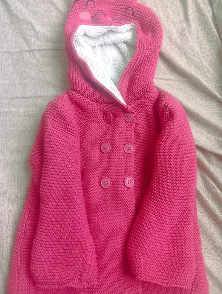 Kız Çocuk Pembe Kapüşonlu Örgü Hırka - Görsel 2