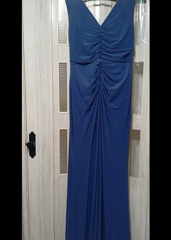 Uzun Lacivert Drapeli Kadın Abiye Elbise - Görsel 2