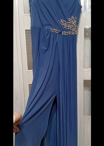 Uzun Lacivert Drapeli Kadın Abiye Elbise - Görsel 3