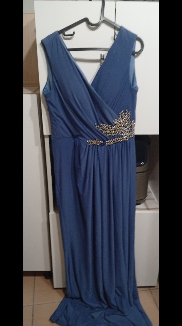 Uzun Lacivert Drapeli Kadın Abiye Elbise - Görsel 4