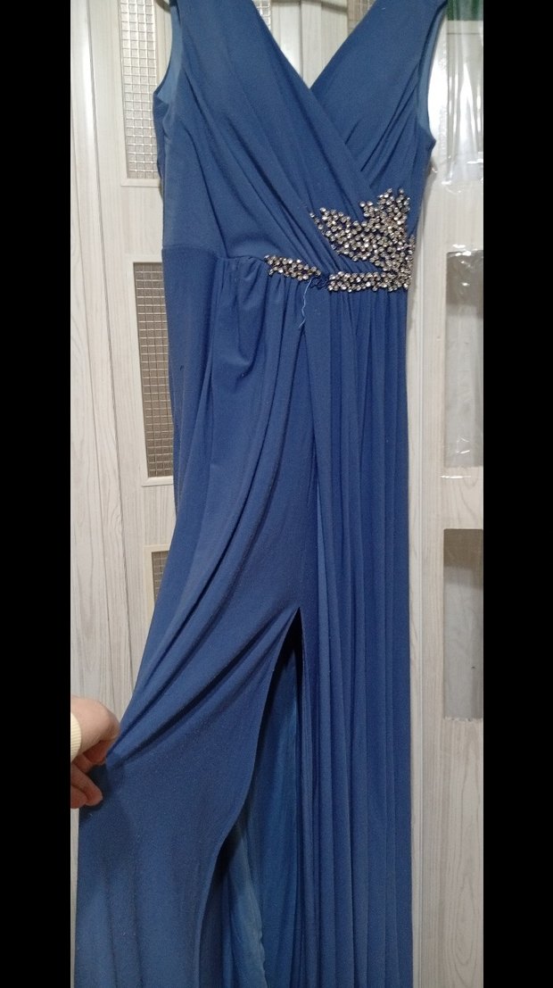 Uzun Lacivert Drapeli Kadın Abiye Elbise - Görsel 3