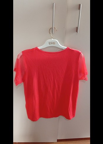 Kısa tül kollu Kırmızı Basic Tişört - Görsel 2