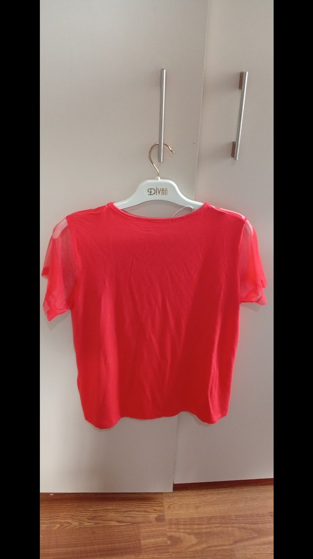 Kısa tül kollu Kırmızı Basic Tişört - Görsel 2