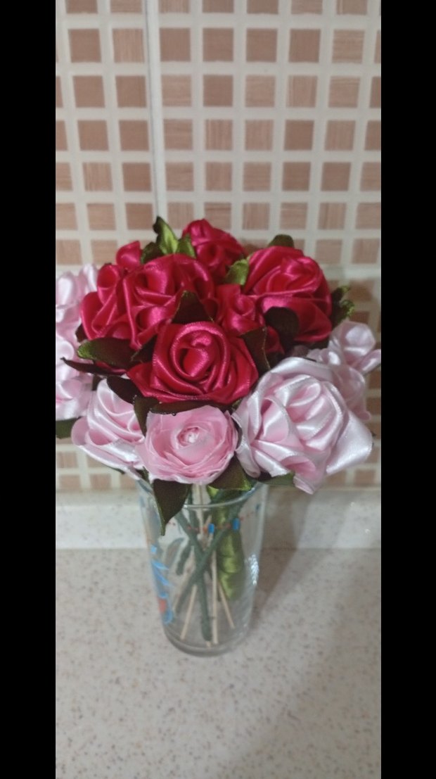 Renkli Pembe Saten Gül Buketi - Görsel 2