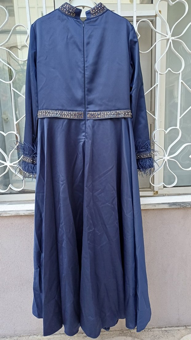 Mavi Uzun Kollu İşlemeli Abiye Elbise - Görsel 3