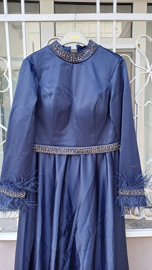 Mavi Uzun Kollu İşlemeli Abiye Elbise - Görsel 2