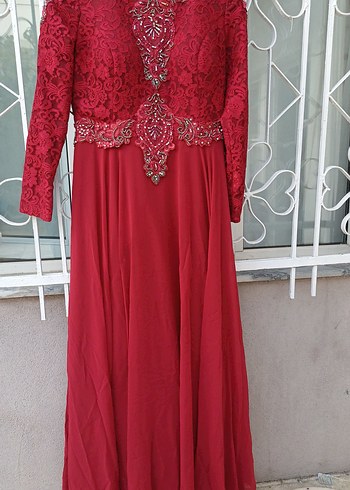 Bordo Dantel İşlemeli Uzun Abiye Elbise - Görsel 6