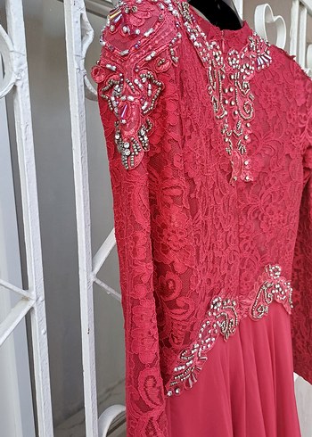 Bordo Dantel İşlemeli Uzun Abiye Elbise - Görsel 5