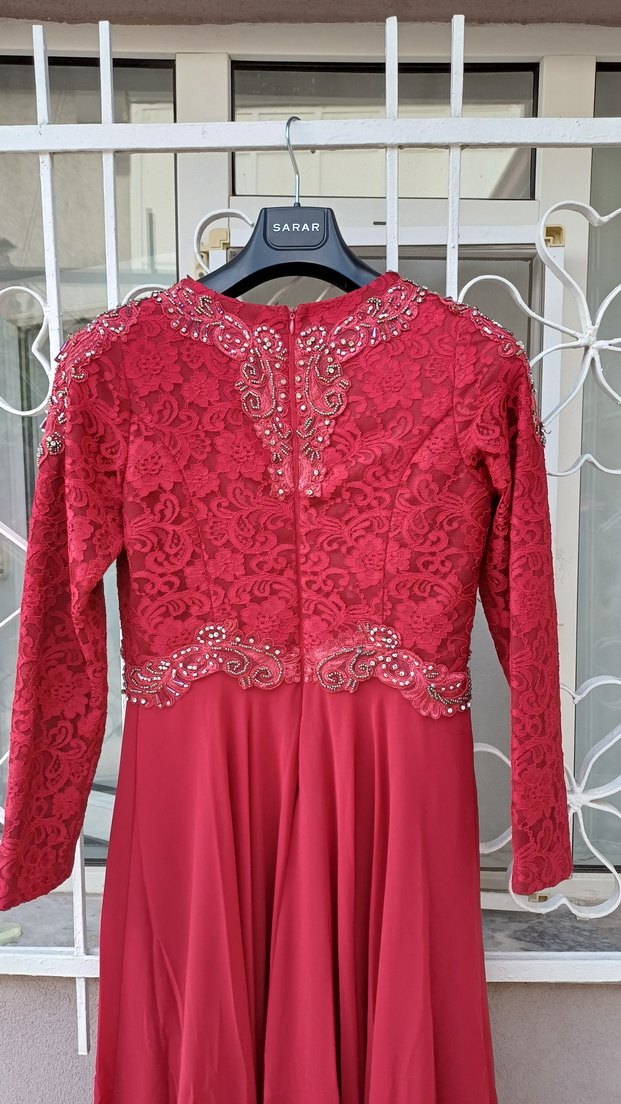 Bordo Dantel İşlemeli Uzun Abiye Elbise - Görsel 3