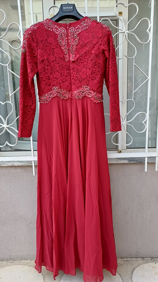 Bordo Dantel İşlemeli Uzun Abiye Elbise - Görsel 4