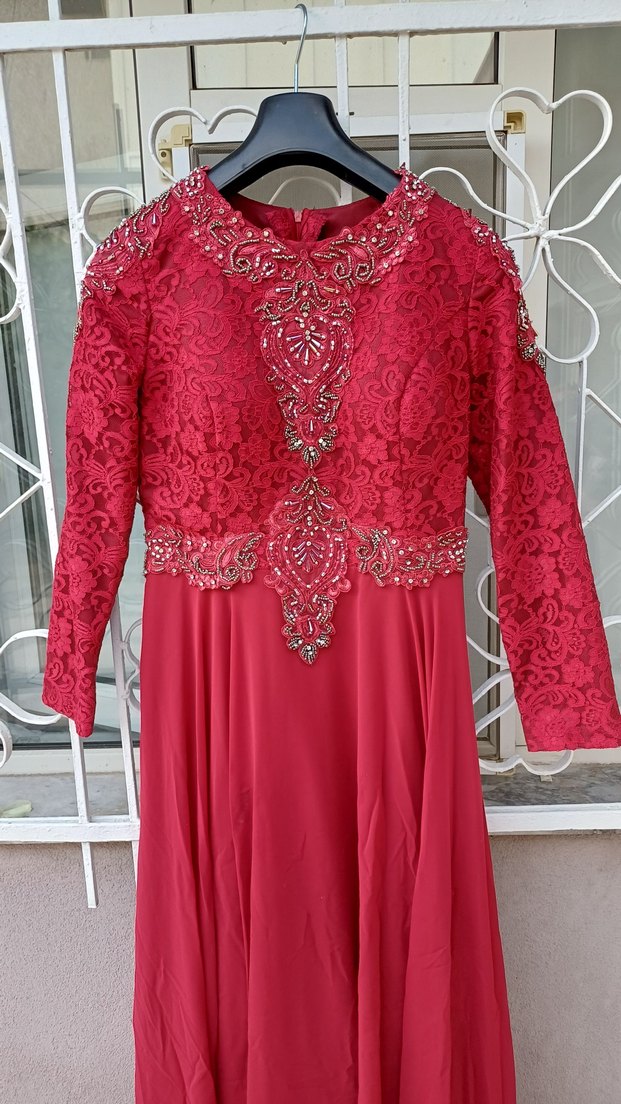 Bordo Dantel İşlemeli Uzun Abiye Elbise - Görsel 2