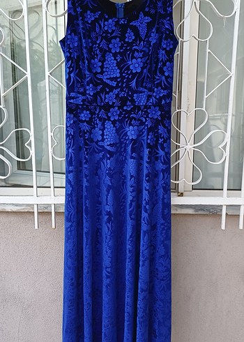 Koyu Mavi Baskılı kadife  likralı  Uzun Abiye Elbise - Görsel 5