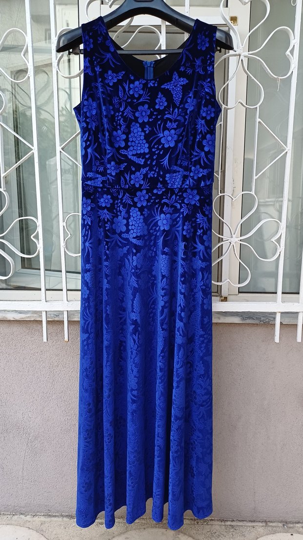 Koyu Mavi Baskılı kadife  likralı  Uzun Abiye Elbise - Görsel 5