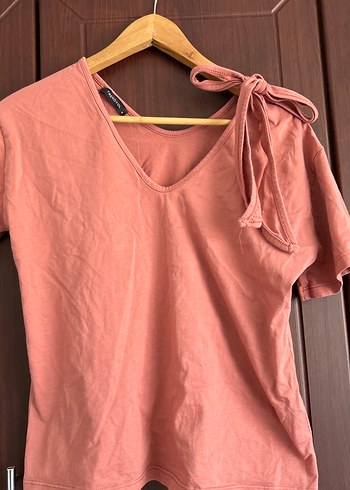 Pembe V Yaka Keten Kısa Kollu Bluz