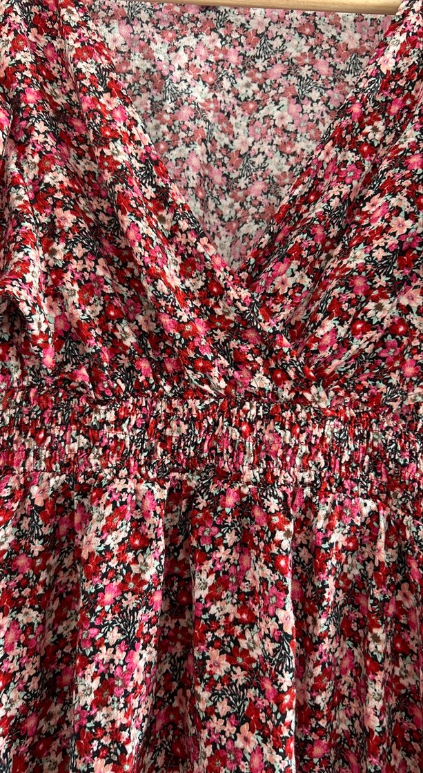 Bordo V Yaka Fırfırlı Bohem Midi Elbise - Görsel 3