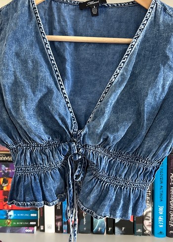 V Yaka Düğmeli Lacivert Denim Bluz - Görsel 2