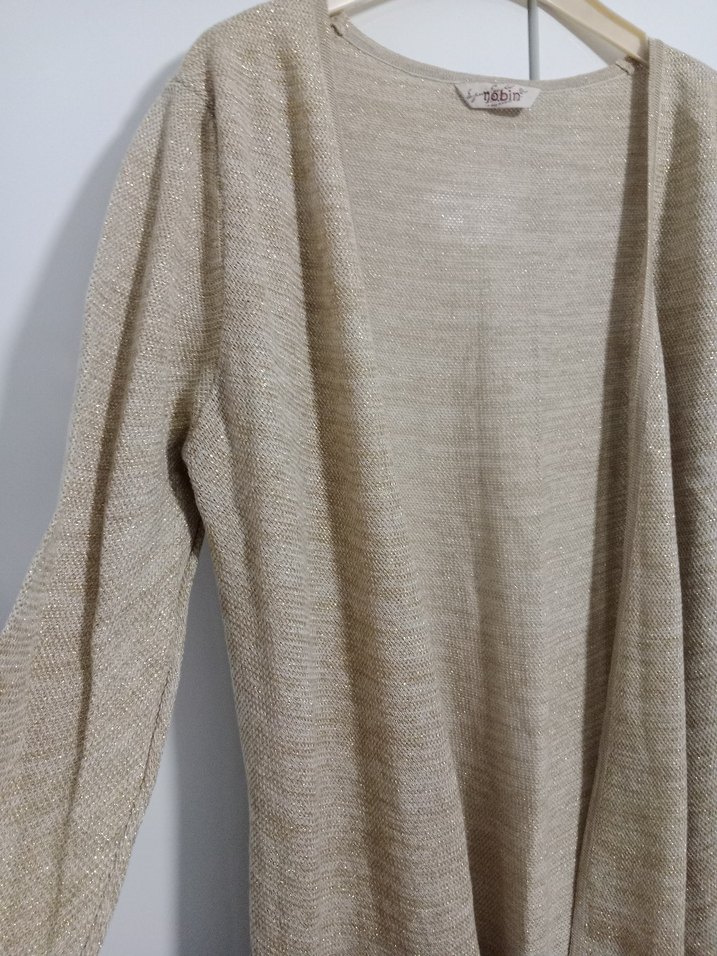 Simli Bej Kadın Keten Örgü Hırka - Görsel 3