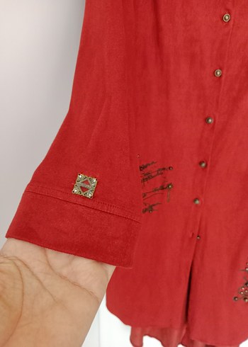 Setrems Kırmızı Nakışlı Süet Uzun Tunik - Görsel 2