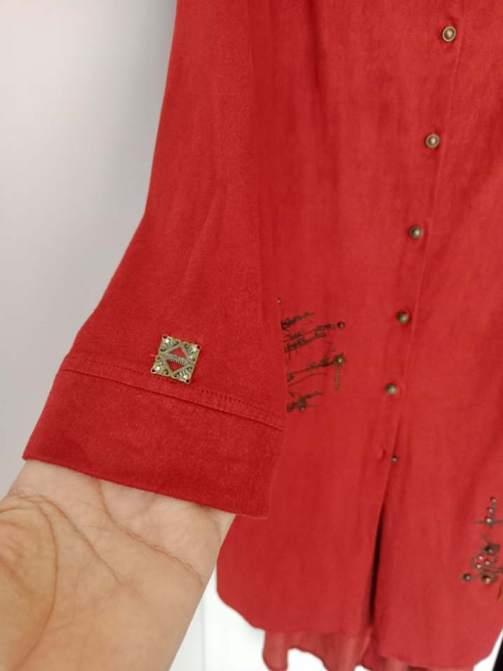 Setrems Kırmızı Nakışlı Süet Uzun Tunik - Görsel 2