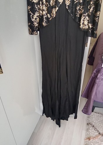 Uzun Kollu Klasik Varaklı Siyah Elbise - Görsel 3