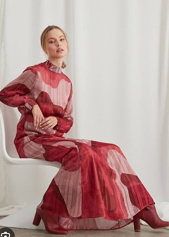 Pembe Pilili Uzun Kadın Elbise - Görsel 2