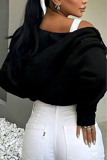 Diğer Crop hoodie oversize fermuarlı sweatshirt