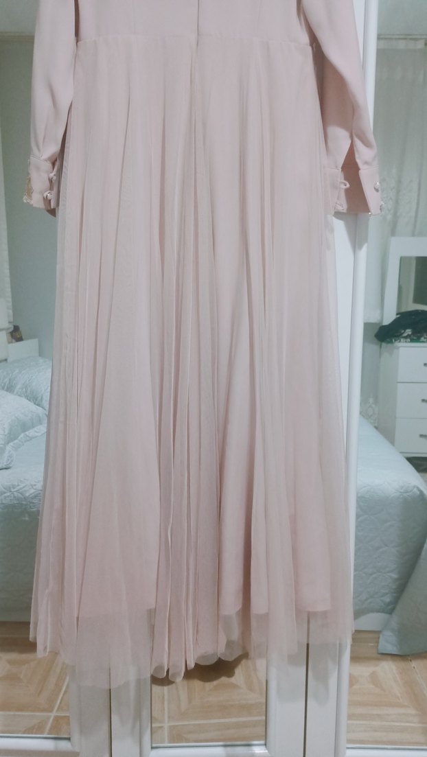 Uzun pudra Nakışlı Kadın Abiye Elbise - Görsel 5