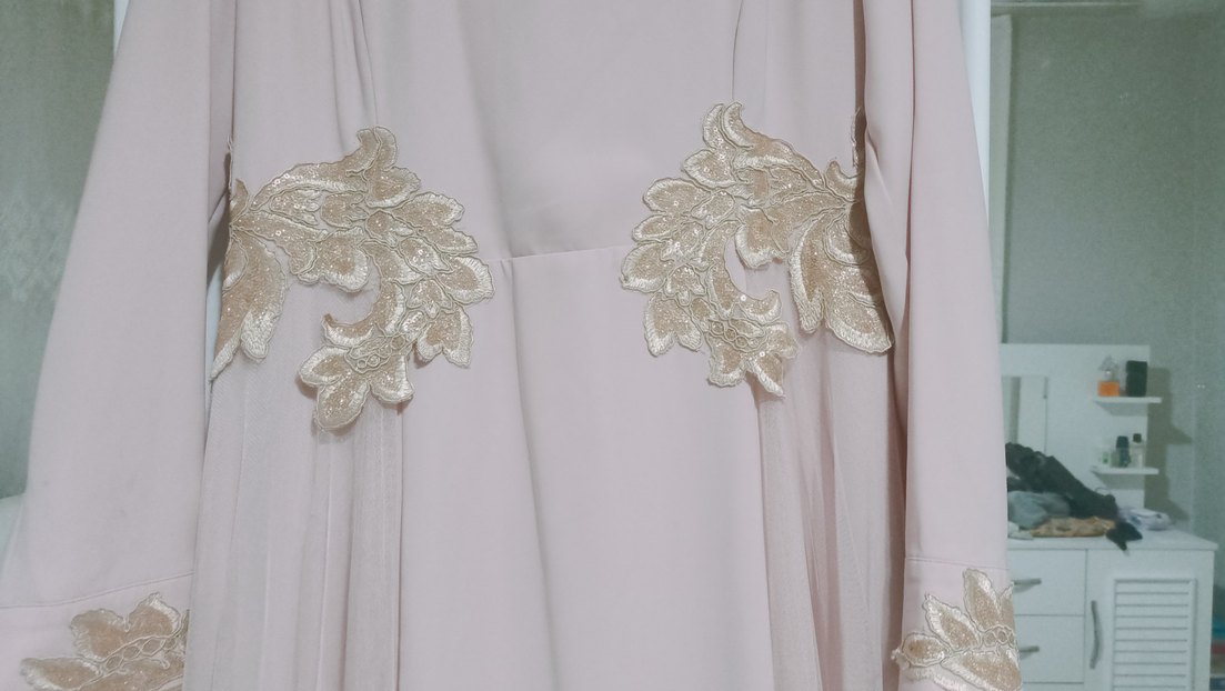 Uzun pudra Nakışlı Kadın Abiye Elbise - Görsel 2