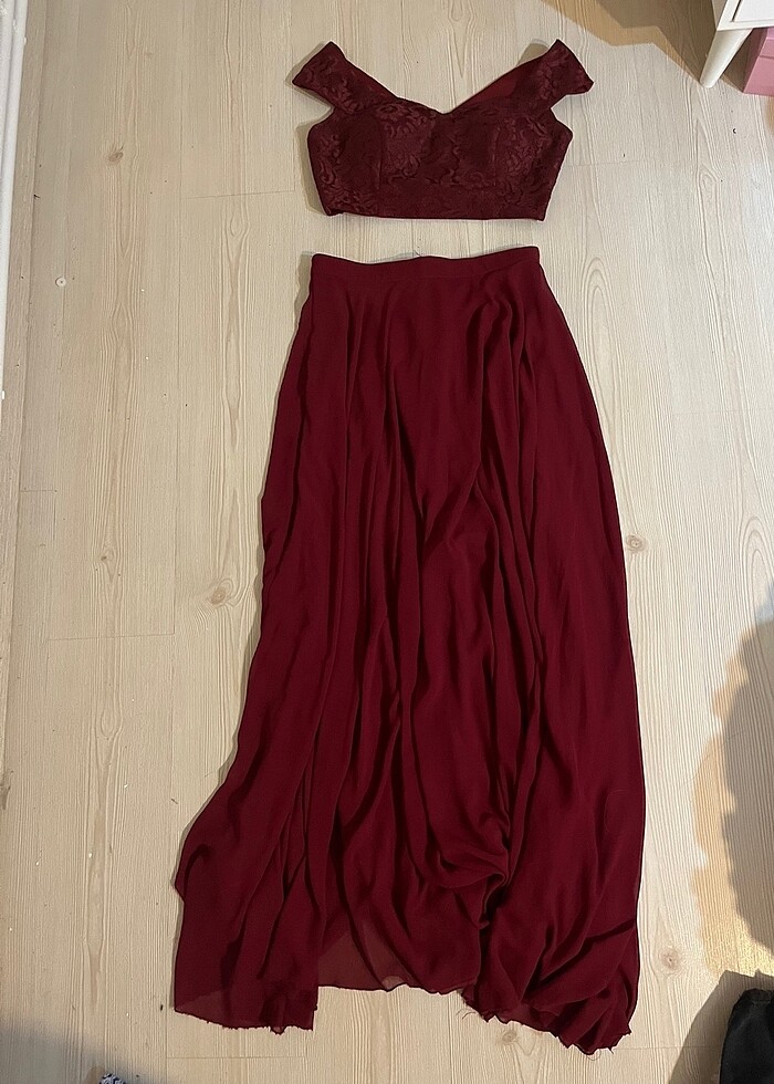 Bordo 2 Parça Dantelli Mezuniyet Elbisesi - Görsel 2