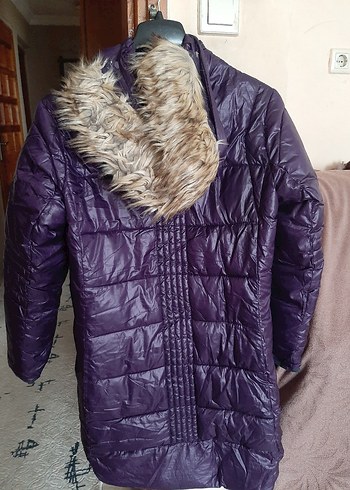 Mor Fermuarlı uzun Kadın Kışlık Mont - Görsel 2