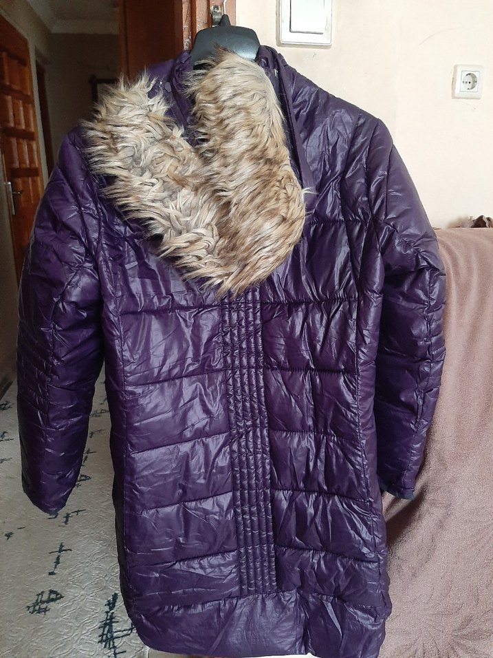 Mor Fermuarlı uzun Kadın Kışlık Mont - Görsel 2