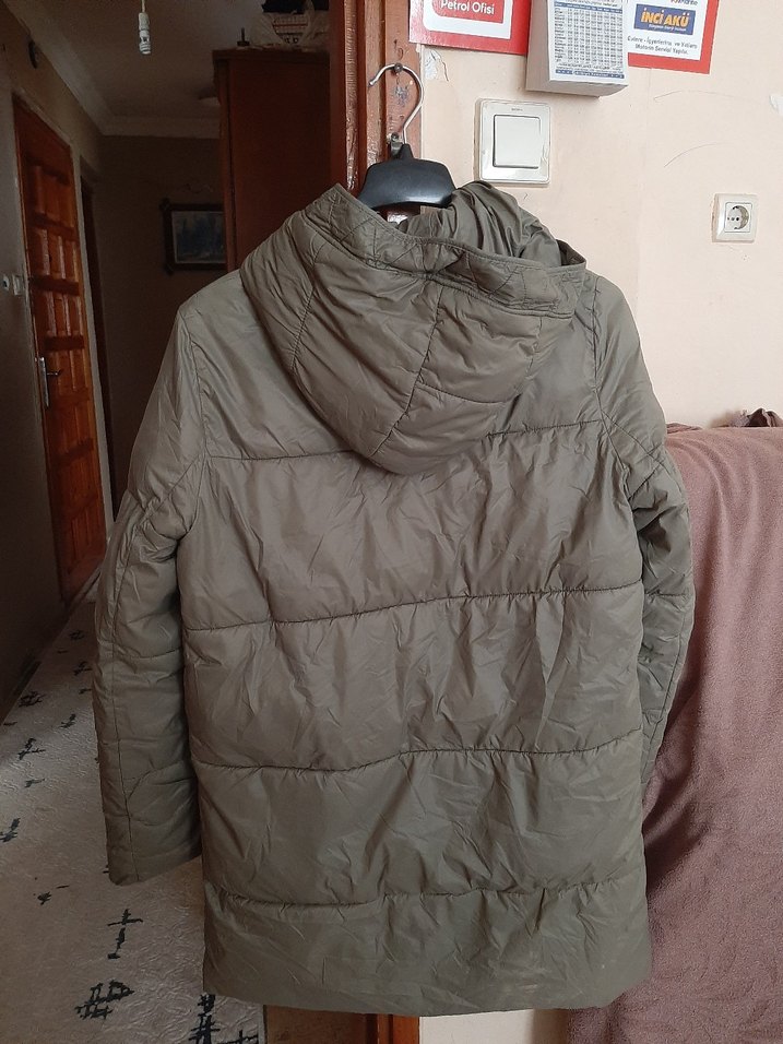 haki rengi Düğmeli Kadın uzun Kışlık Mont - Görsel 2