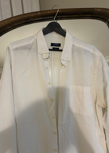 Düğmeli Beyaz Keten Erkek Gömlek - Görsel 2