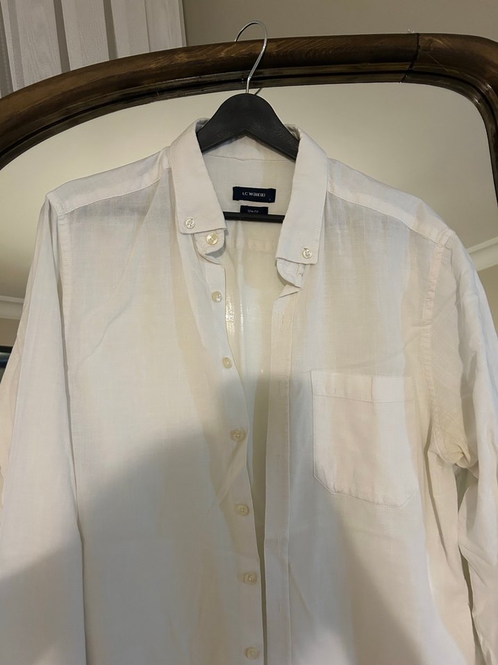Düğmeli Beyaz Keten Erkek Gömlek - Görsel 2