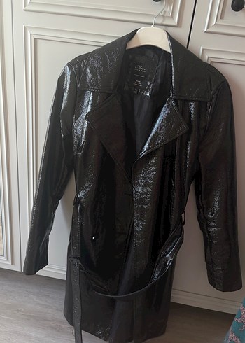 Siyah Parlak Yılan Desenli Midi Deri Trençkot - Görsel 5